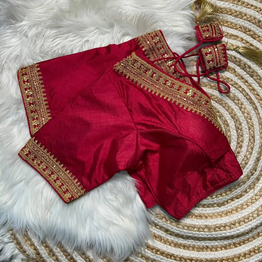 Trendy Vichitra Silk Blouse V Neck and Fancy Latkan
