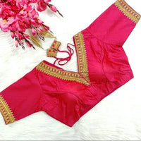 Trendy Vichitra Silk Blouse V Neck and Fancy Latkan