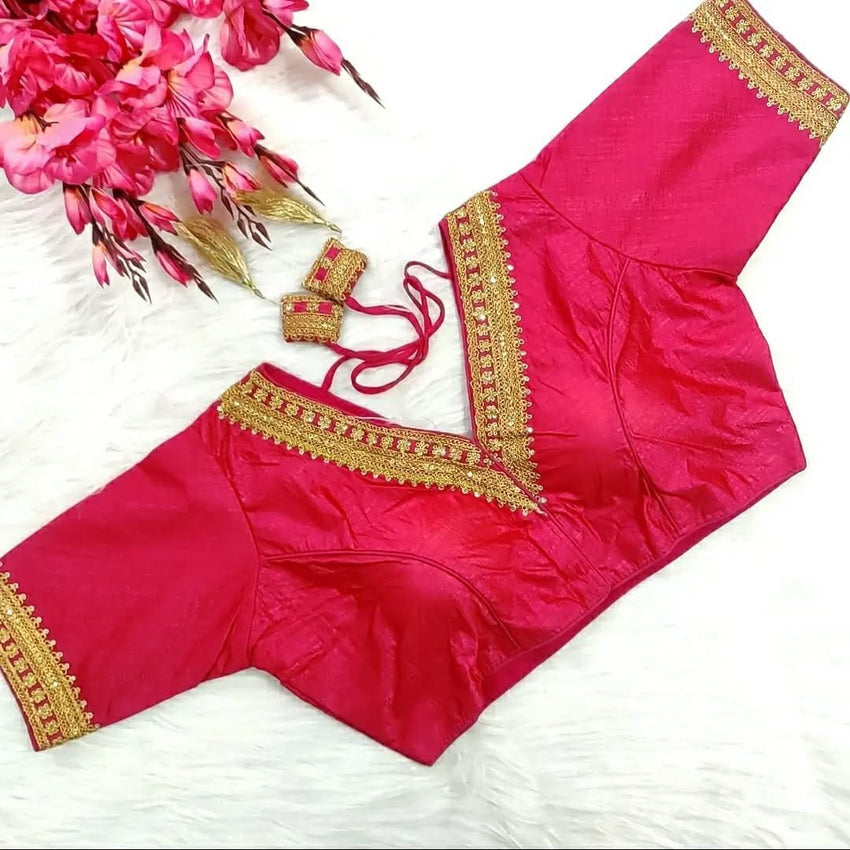 Trendy Vichitra Silk Blouse V Neck and Fancy Latkan