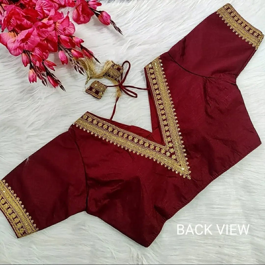 Trendy Vichitra Silk Blouse V Neck and Fancy Latkan