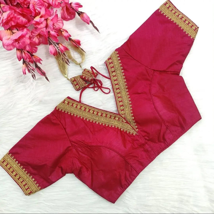 Trendy Vichitra Silk Blouse V Neck and Fancy Latkan