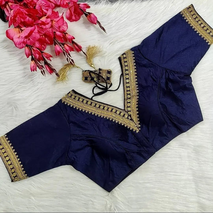 Trendy Vichitra Silk Blouse V Neck and Fancy Latkan