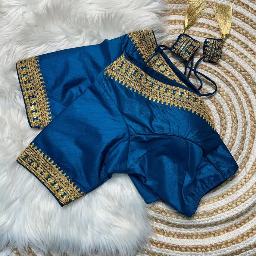 Trendy Vichitra Silk Blouse V Neck and Fancy Latkan